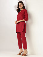 Janasya Dark Cotton Solid A-Line Top & Bottom Set | Grocsy