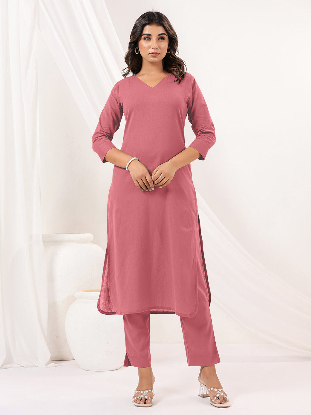 Janasya Light Cotton Solid Straight Kurta Set | Grocsy