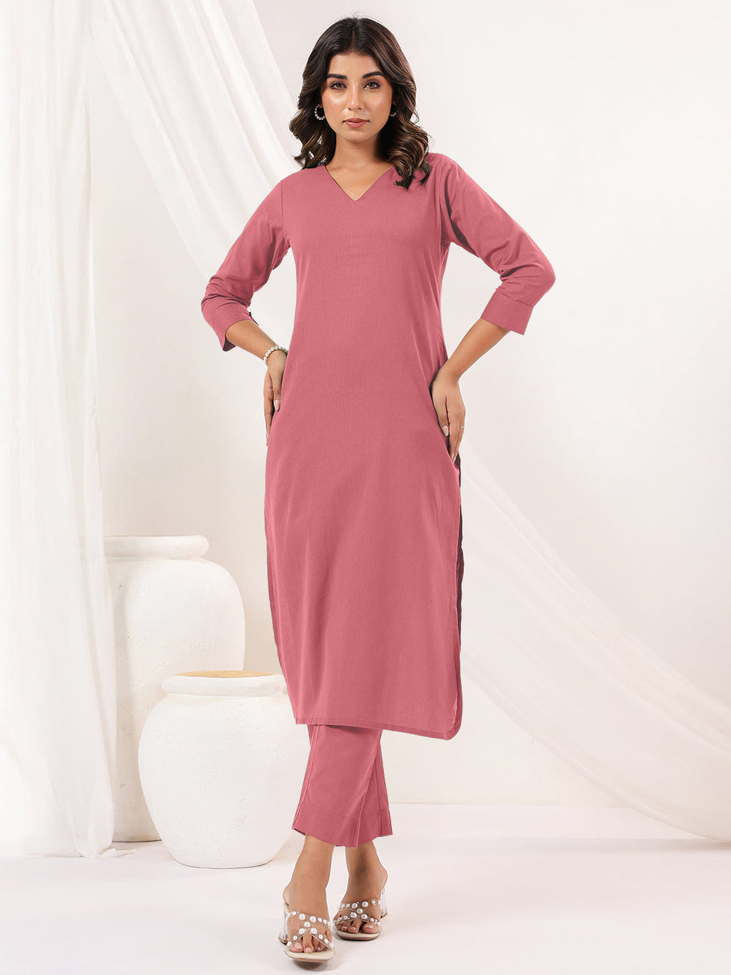Janasya Light Cotton Solid Straight Kurta Set | Grocsy