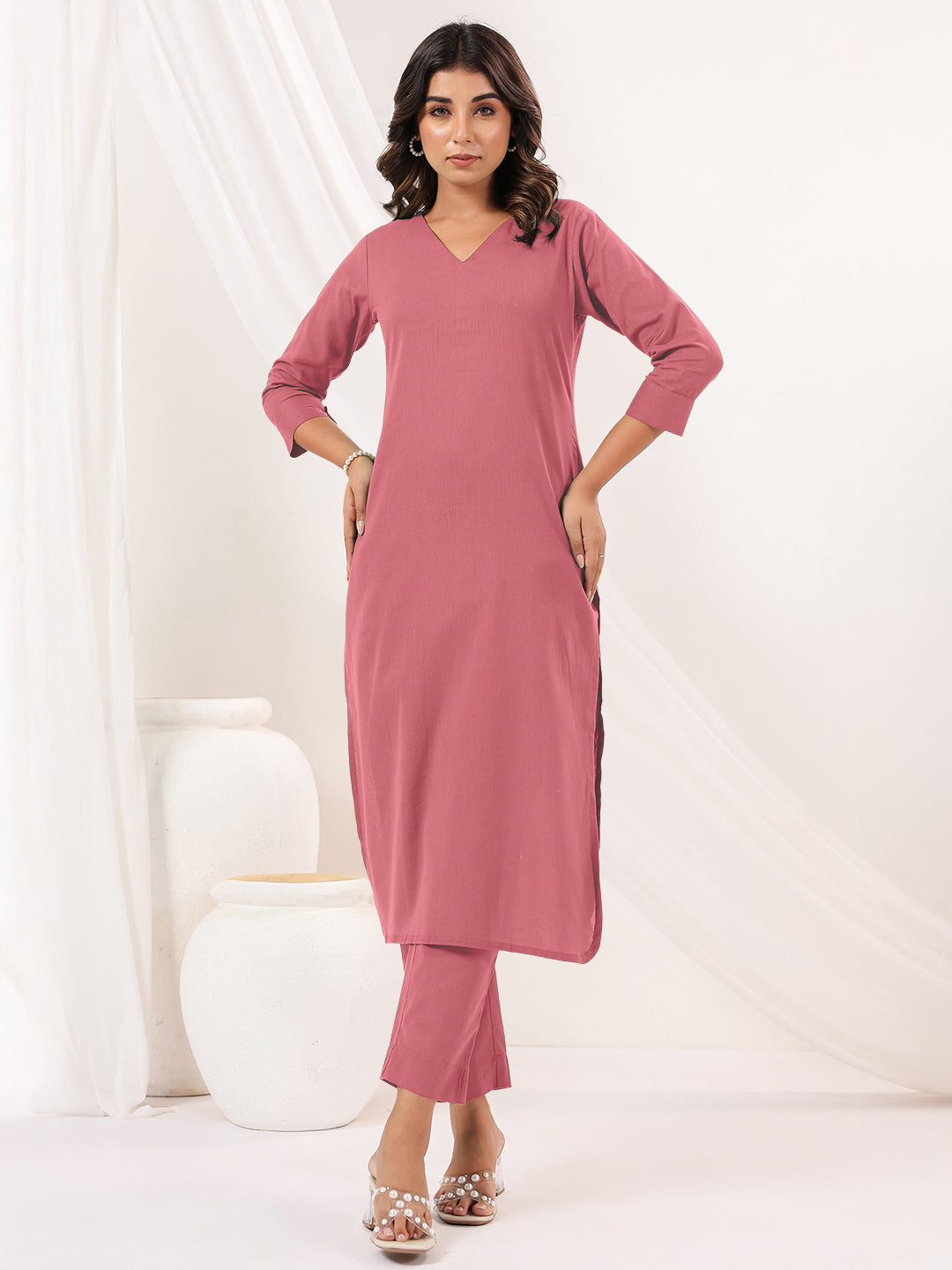 Janasya Light Cotton Solid Straight Kurta Set | Grocsy