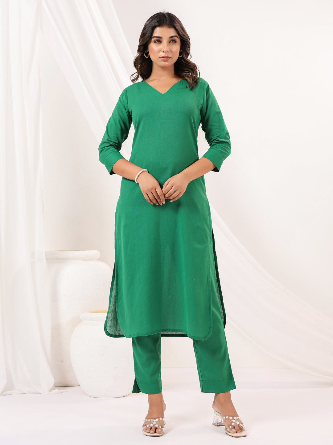Janasya Dark Cotton Solid Straight Kurta Set | Grocsy