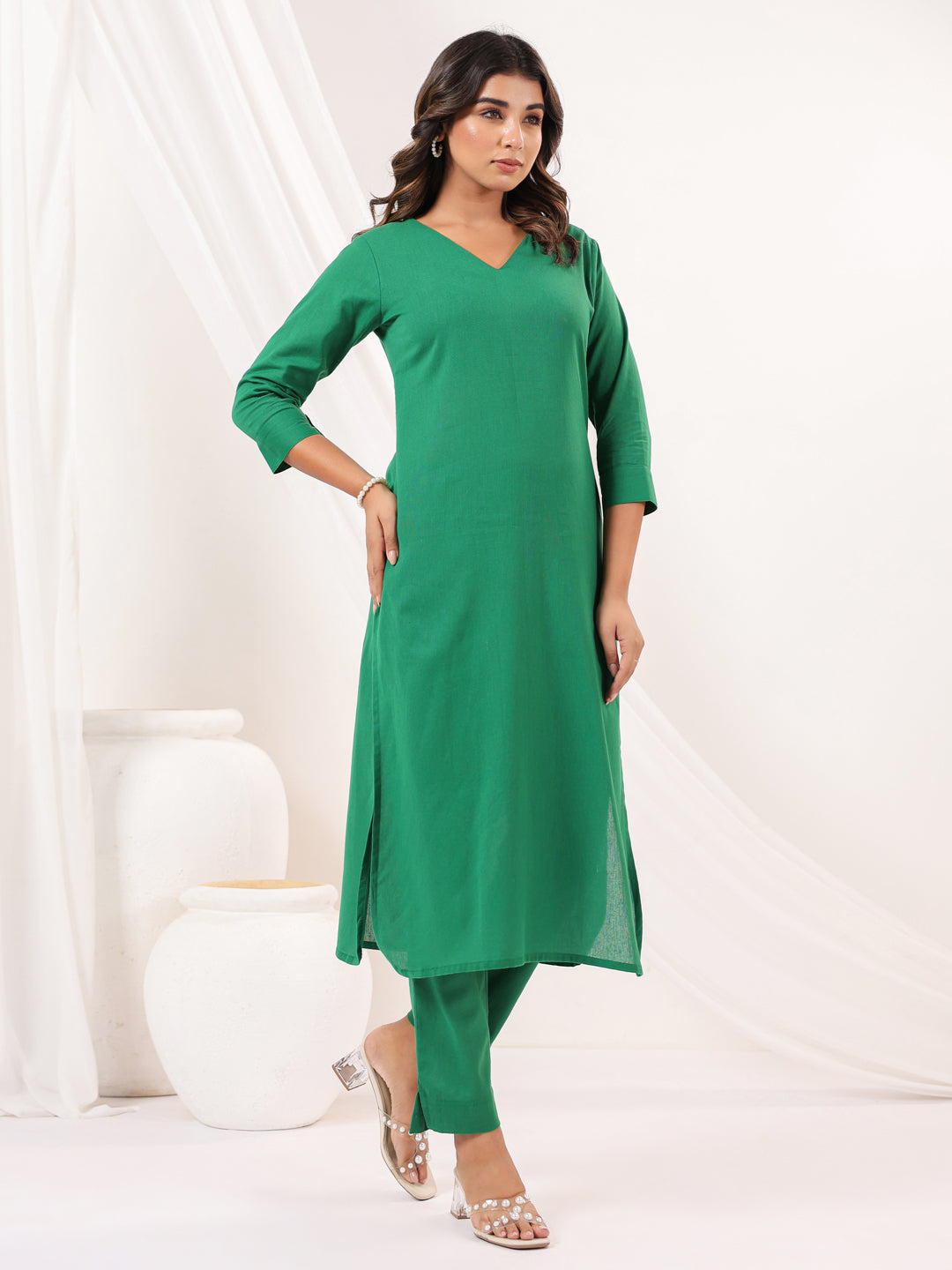 Janasya Dark Cotton Solid Straight Kurta Set | Grocsy