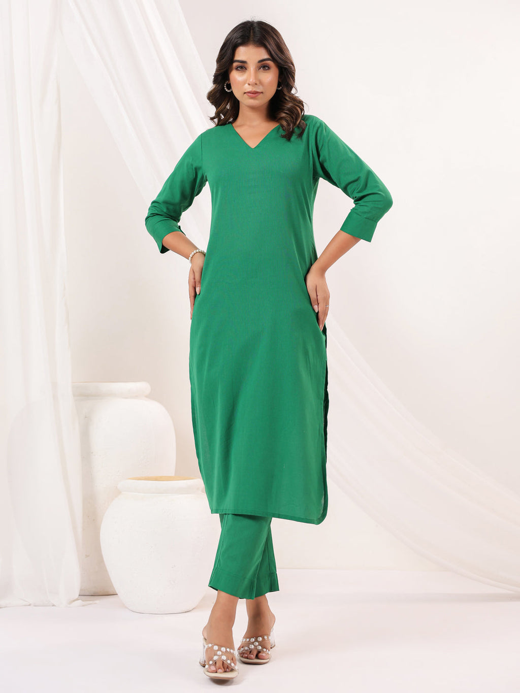 Janasya Dark Cotton Solid Straight Kurta Set | Grocsy