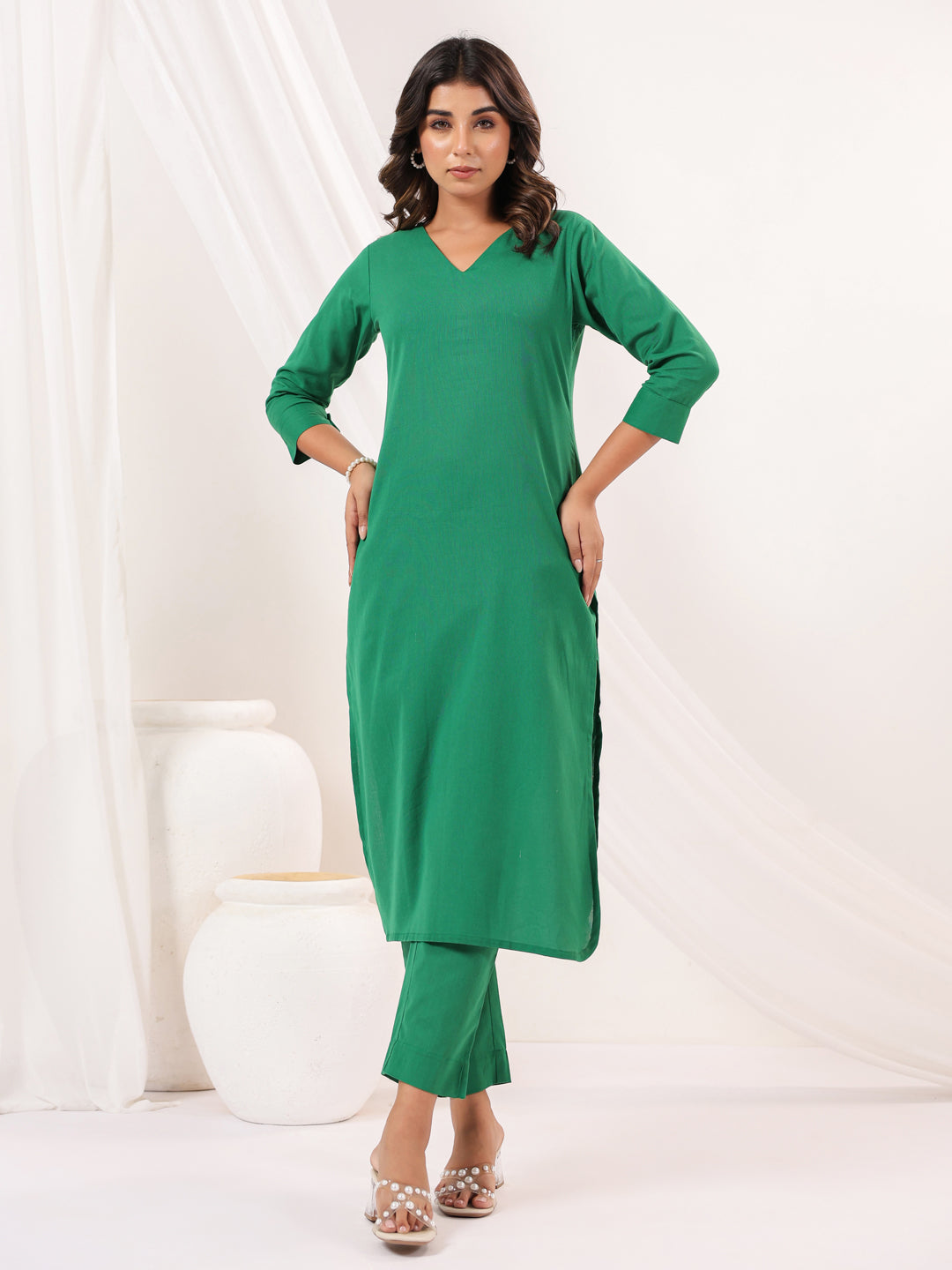 Janasya Dark Cotton Solid Straight Kurta Set | Grocsy