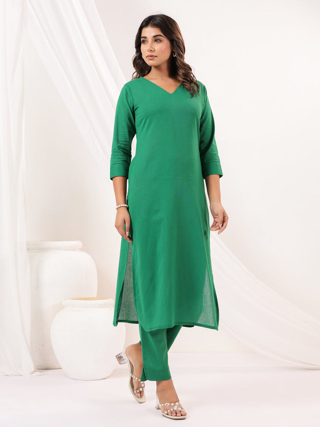 Janasya Dark Cotton Solid Straight Kurta Set | Grocsy