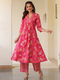 Janasya Bright Cotton Floral A-Line Kurta Set | Grocsy