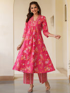 Janasya Bright Cotton Floral A-Line Kurta Set | Grocsy