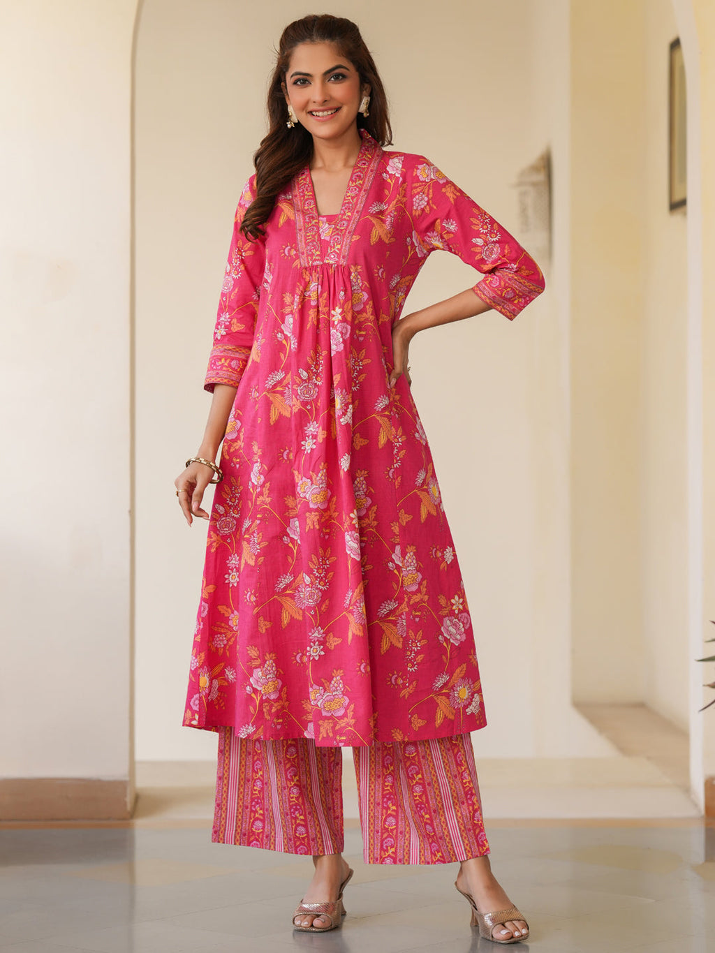 Janasya Bright Cotton Floral A-Line Kurta Set | Grocsy