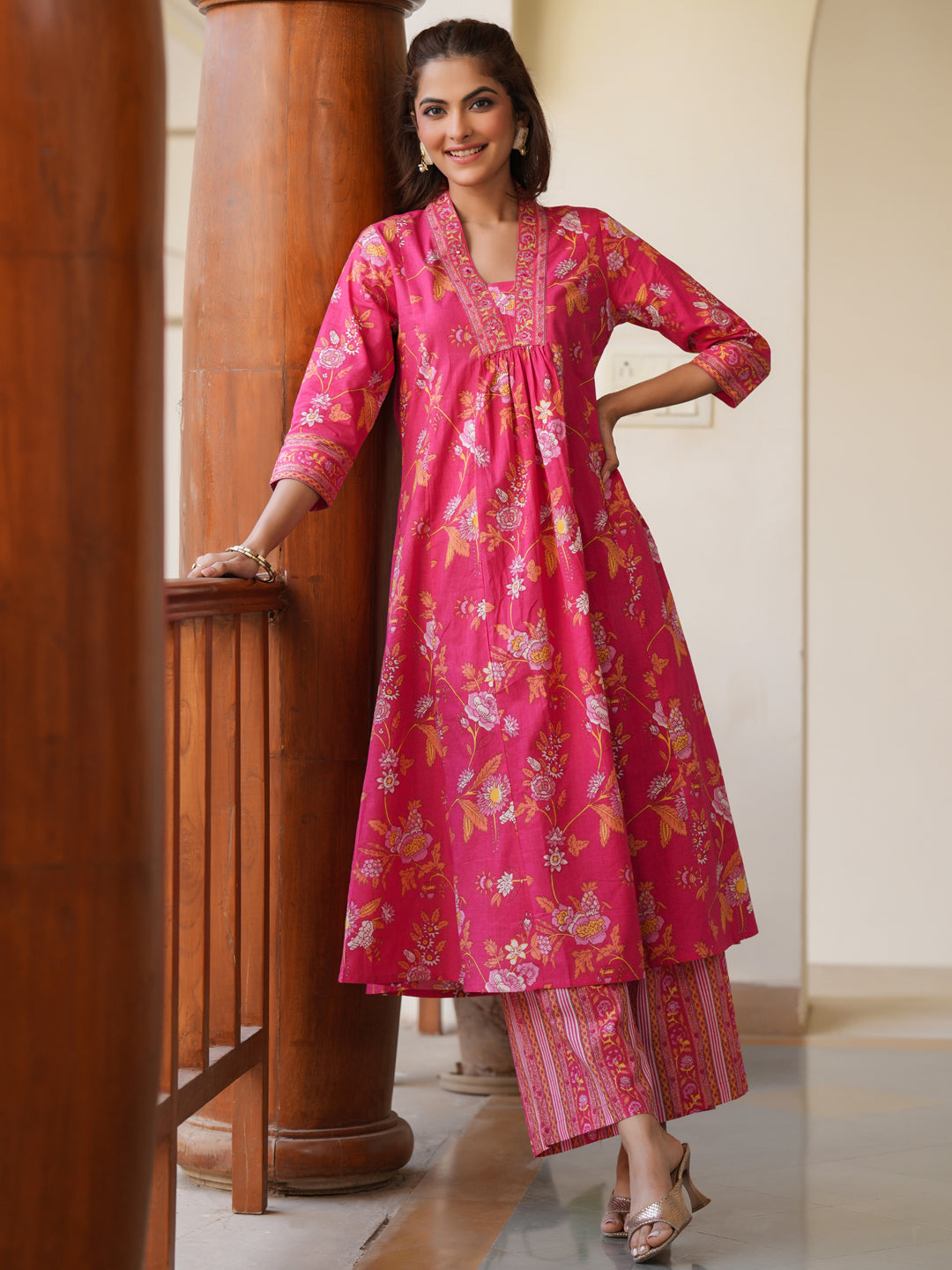 Janasya Bright Cotton Floral A-Line Kurta Set | Grocsy