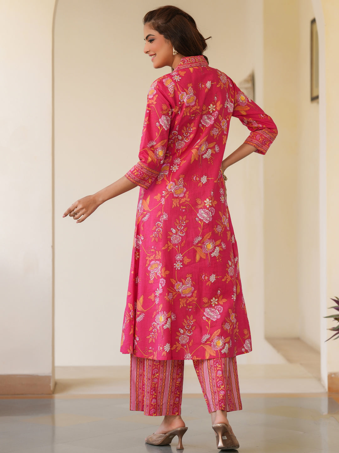Janasya Bright Cotton Floral A-Line Kurta Set | Grocsy