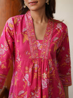 Janasya Bright Cotton Floral A-Line Kurta Set | Grocsy