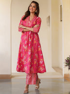 Janasya Bright Cotton Floral A-Line Kurta Set | Grocsy