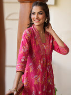 Janasya Bright Cotton Floral A-Line Kurta Set | Grocsy