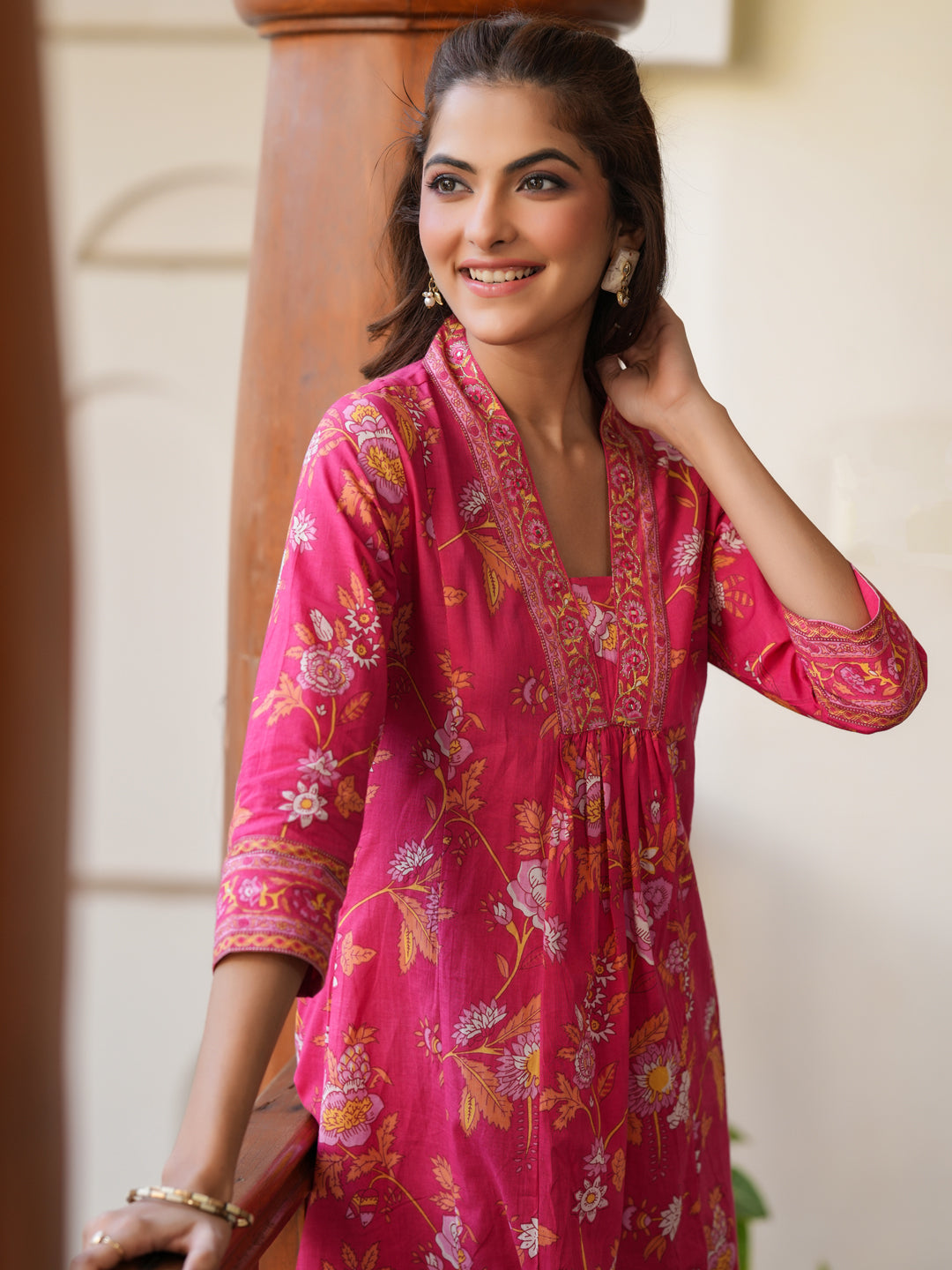 Janasya Bright Cotton Floral A-Line Kurta Set | Grocsy
