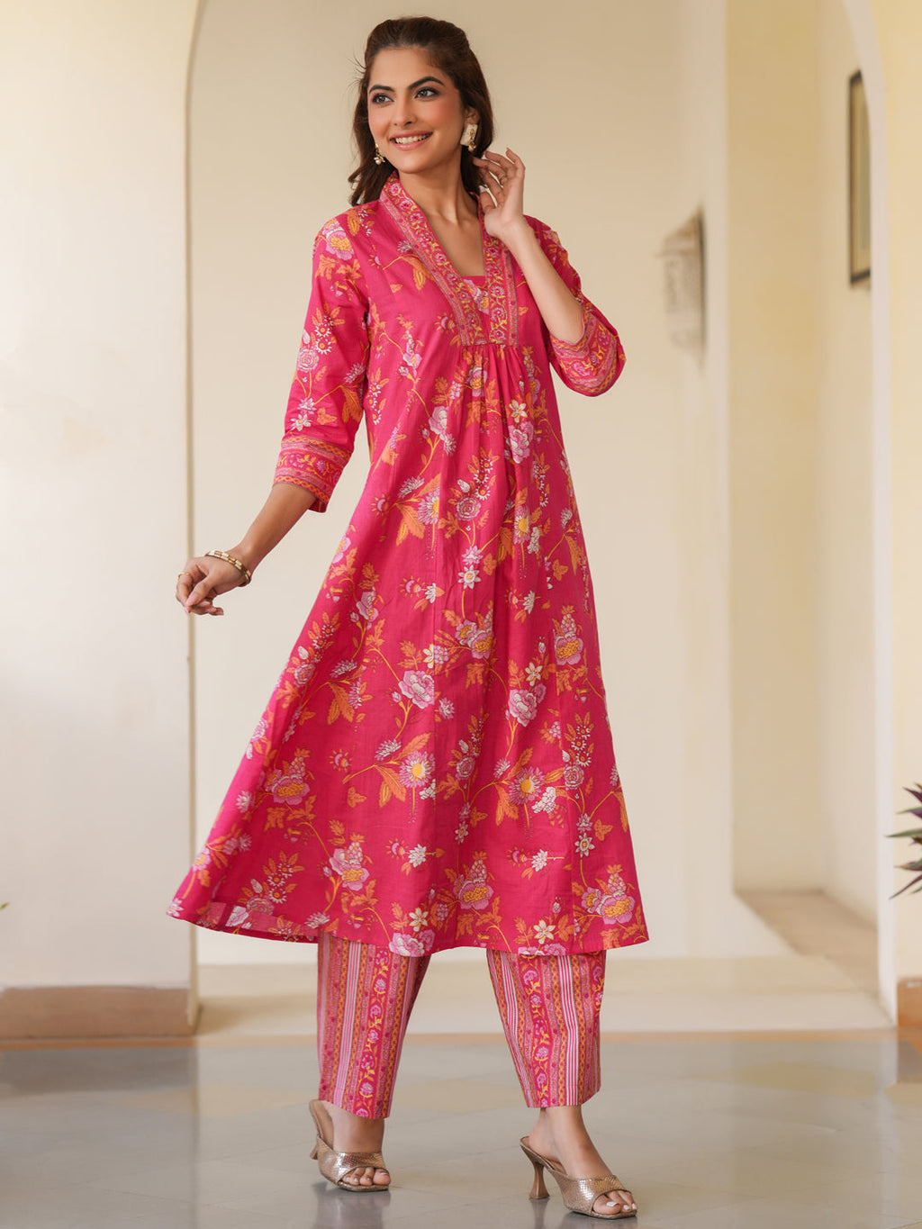 Janasya Bright Cotton Floral A-Line Kurta Set | Grocsy