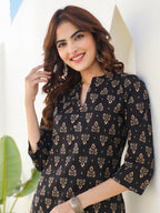 Janasya Dark Cotton Floral Straight Kurta Set | Grocsy