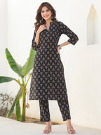 Janasya Dark Cotton Floral Straight Kurta Set | Grocsy