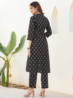 Janasya Dark Cotton Floral Straight Kurta Set | Grocsy
