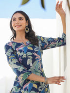 Janasya Dark Cotton Floral Straight Kurta Set | Grocsy