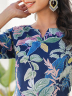 Janasya Dark Cotton Floral Straight Kurta Set | Grocsy
