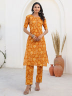 Janasya Bright Cotton Floral Straight Kurta Set | Grocsy