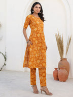 Janasya Bright Cotton Floral Straight Kurta Set | Grocsy