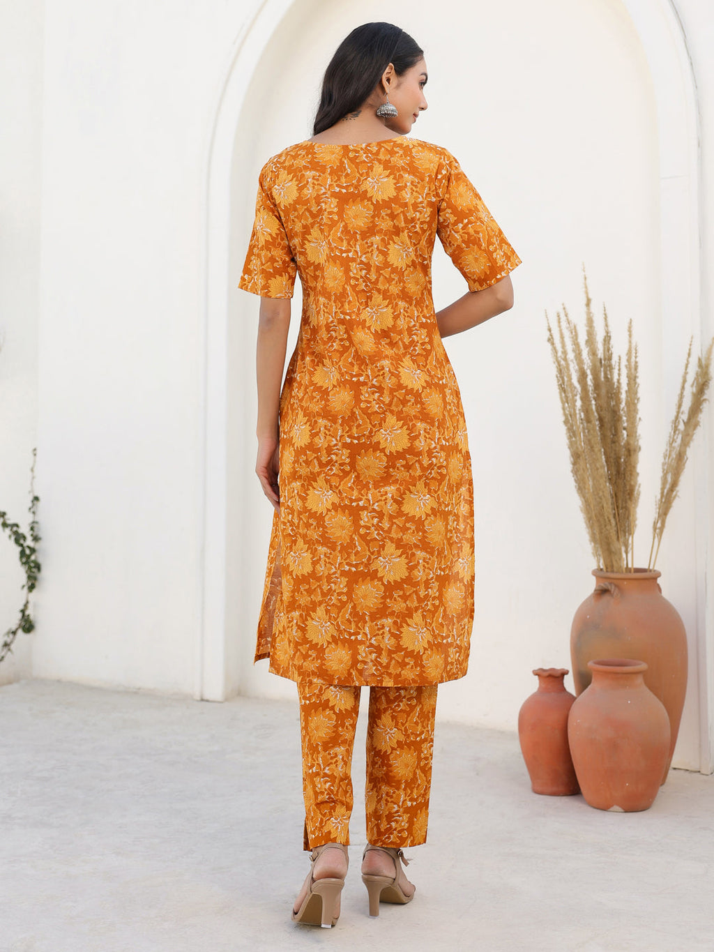 Janasya Bright Cotton Floral Straight Kurta Set | Grocsy