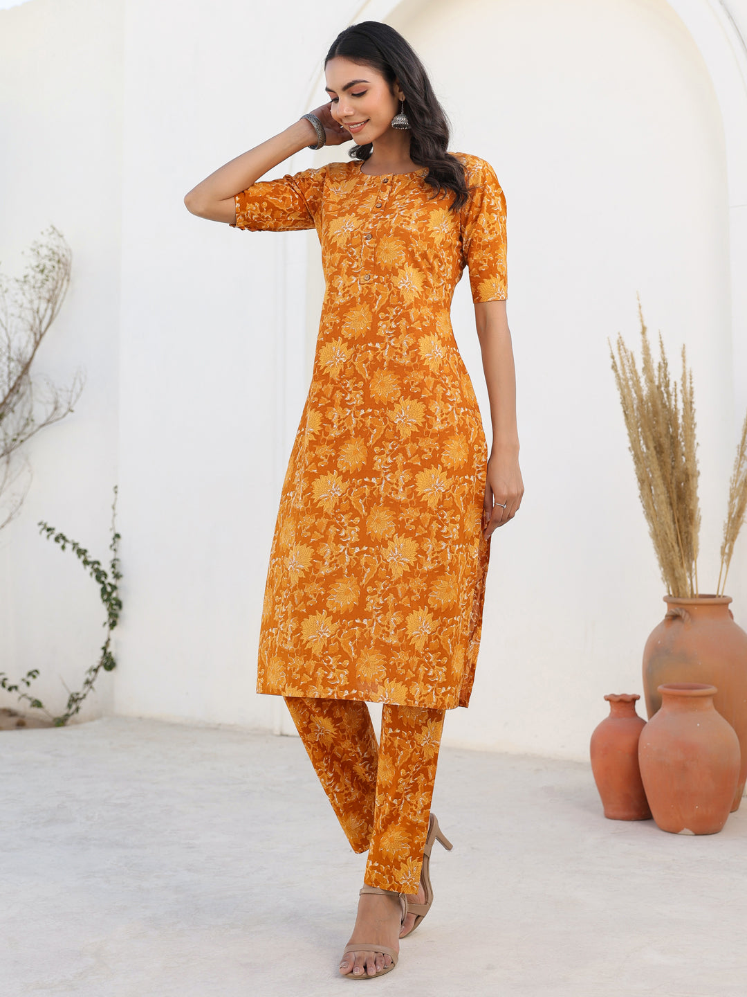 Janasya Bright Cotton Floral Straight Kurta Set | Grocsy