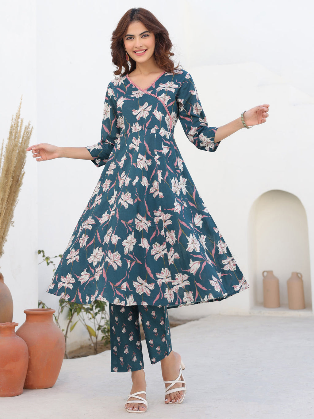 Janasya Dark Cotton Floral A-Line Kurta Set | Grocsy