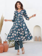 Janasya Dark Cotton Floral A-Line Kurta Set | Grocsy