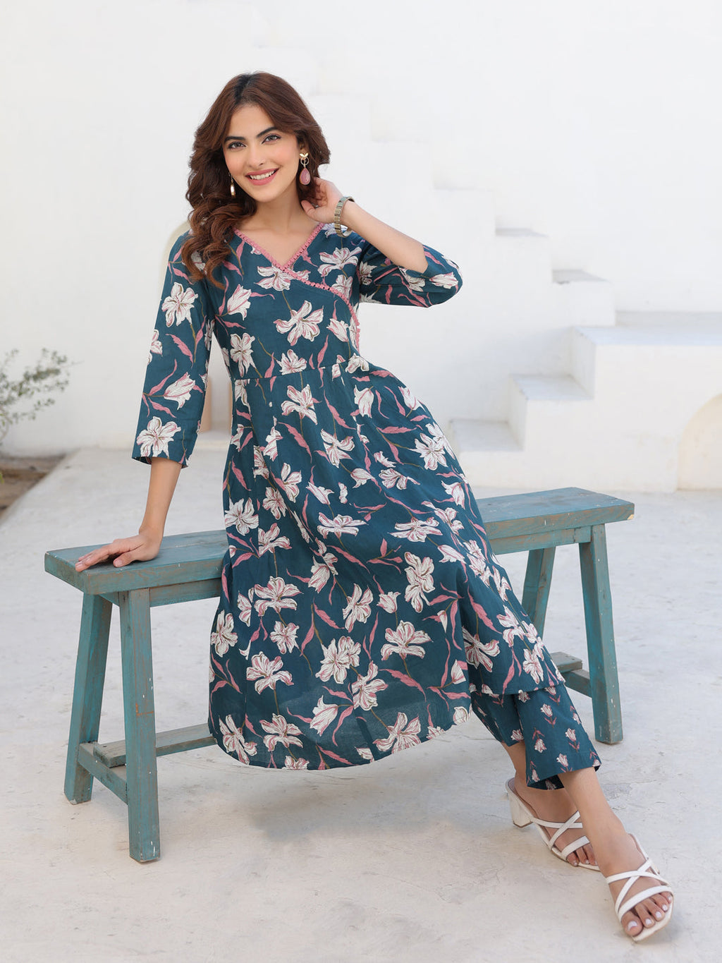 Janasya Dark Cotton Floral A-Line Kurta Set | Grocsy