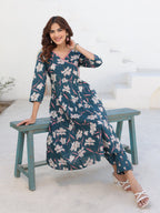 Janasya Dark Cotton Floral A-Line Kurta Set | Grocsy