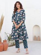 Janasya Dark Cotton Floral A-Line Kurta Set | Grocsy