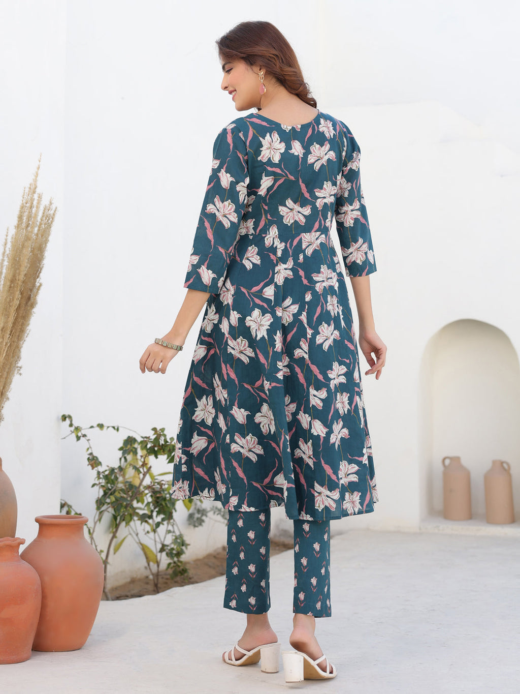 Janasya Dark Cotton Floral A-Line Kurta Set | Grocsy