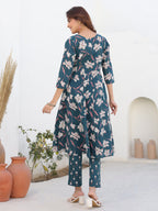 Janasya Dark Cotton Floral A-Line Kurta Set | Grocsy