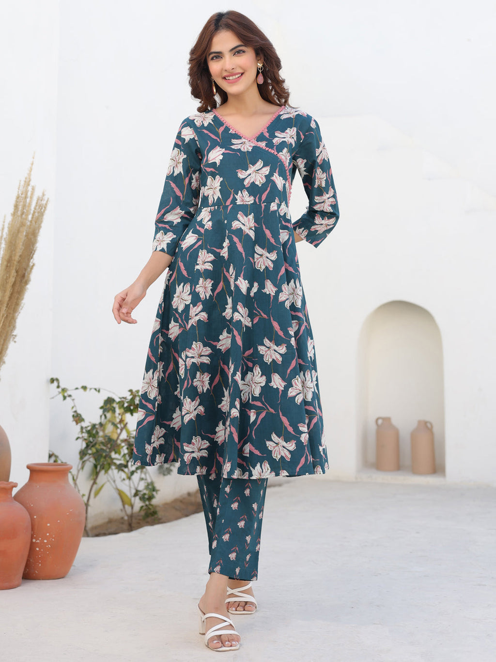 Janasya Dark Cotton Floral A-Line Kurta Set | Grocsy