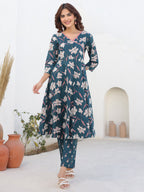 Janasya Dark Cotton Floral A-Line Kurta Set | Grocsy
