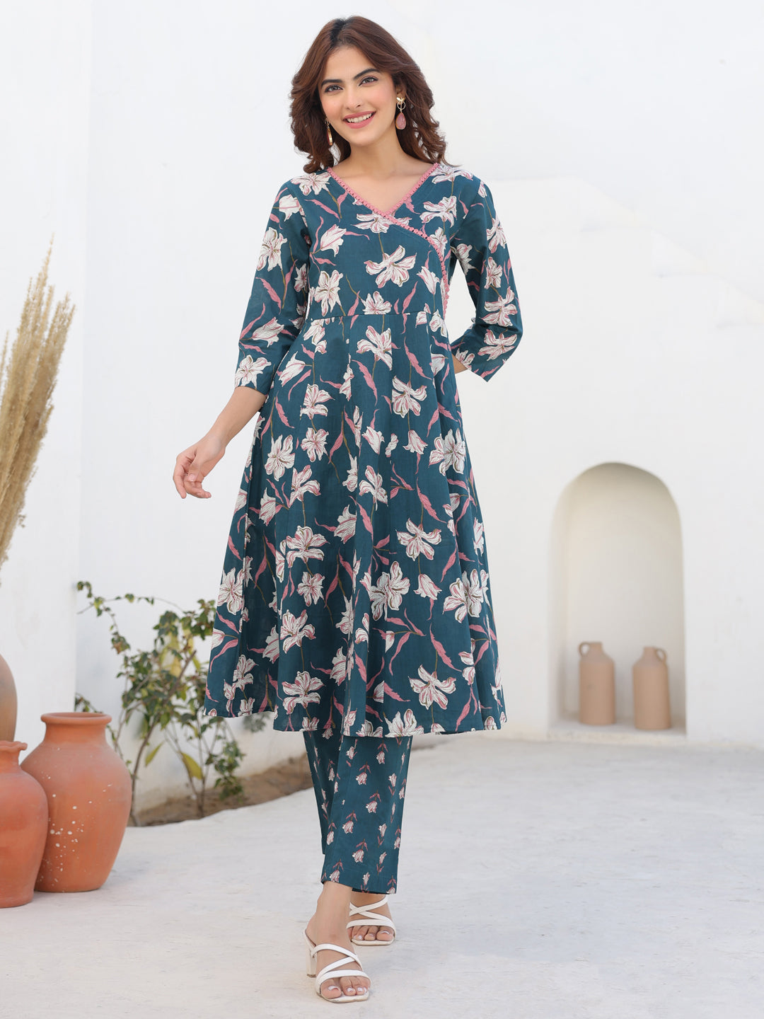 Janasya Dark Cotton Floral A-Line Kurta Set | Grocsy