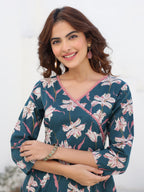 Janasya Dark Cotton Floral A-Line Kurta Set | Grocsy