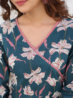 Janasya Dark Cotton Floral A-Line Kurta Set | Grocsy