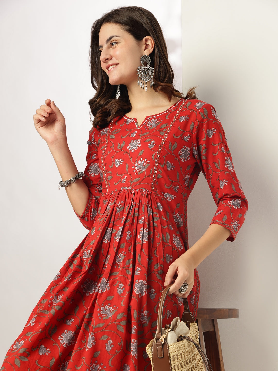 Janasya Dark Cotton Floral A-Line Kurta Set | Grocsy