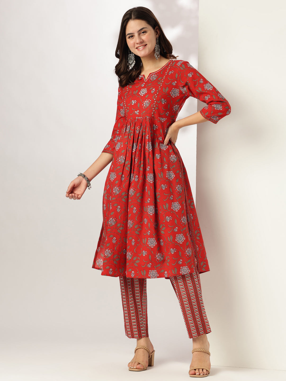Janasya Dark Cotton Floral A-Line Kurta Set | Grocsy