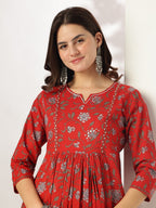 Janasya Dark Cotton Floral A-Line Kurta Set | Grocsy