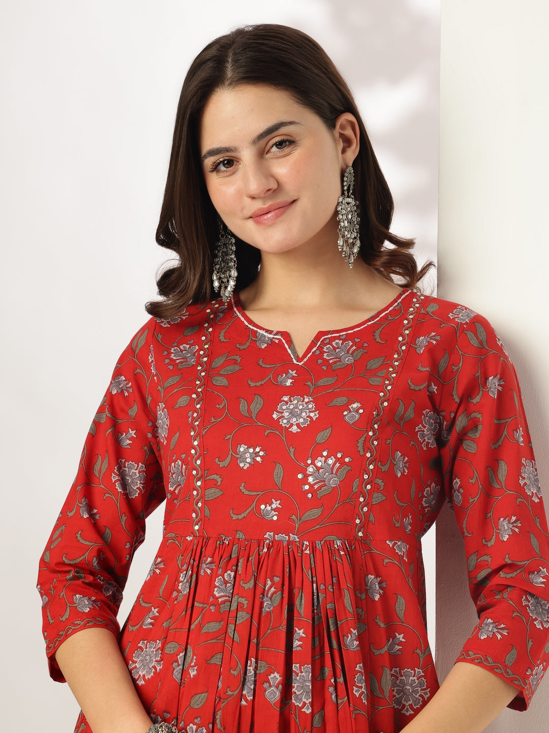 Janasya Dark Cotton Floral A-Line Kurta Set | Grocsy
