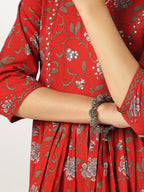 Janasya Dark Cotton Floral A-Line Kurta Set | Grocsy