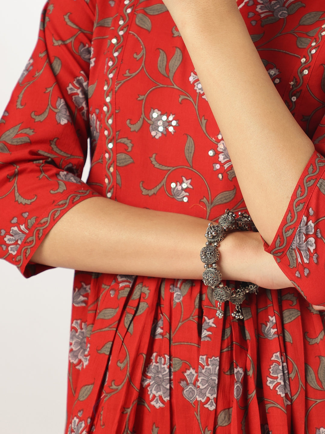 Janasya Dark Cotton Floral A-Line Kurta Set | Grocsy