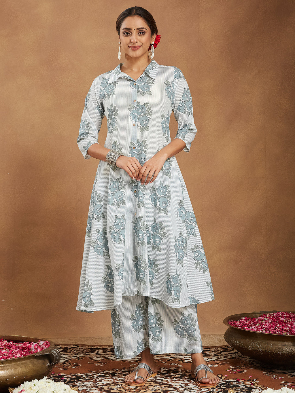 Janasya Light Cotton Floral A-Line Kurta Set | Grocsy