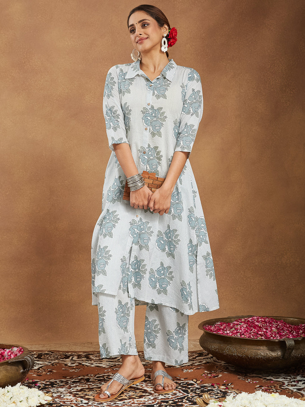 Janasya Light Cotton Floral A-Line Kurta Set | Grocsy