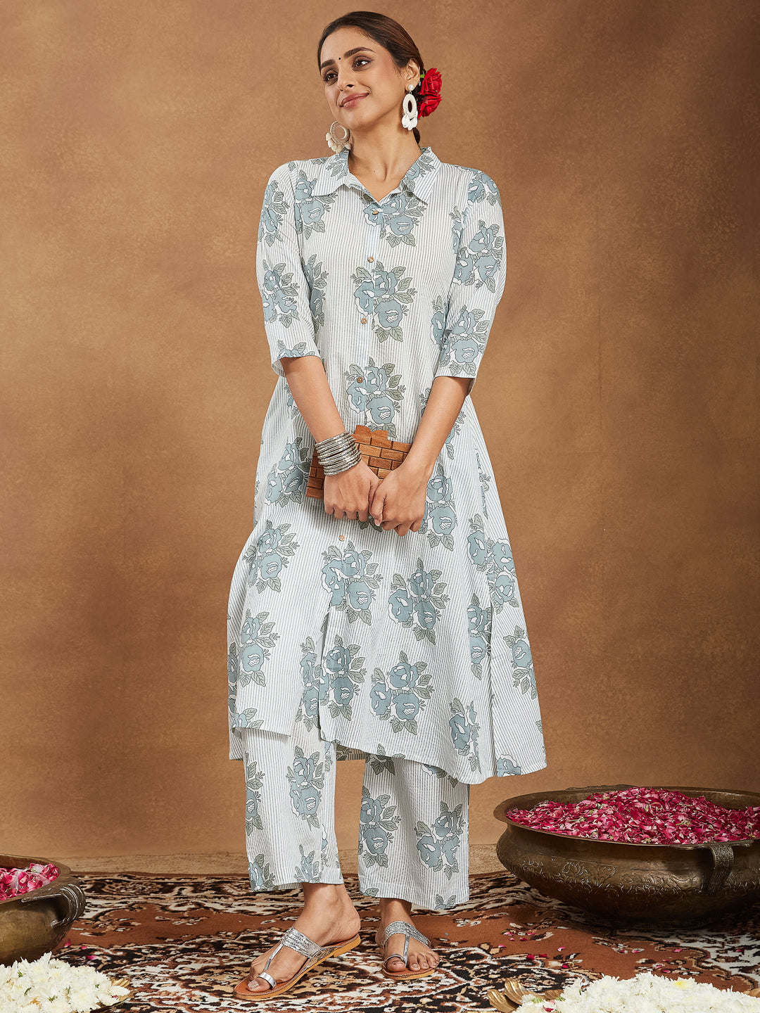 Janasya Light Cotton Floral A-Line Kurta Set | Grocsy
