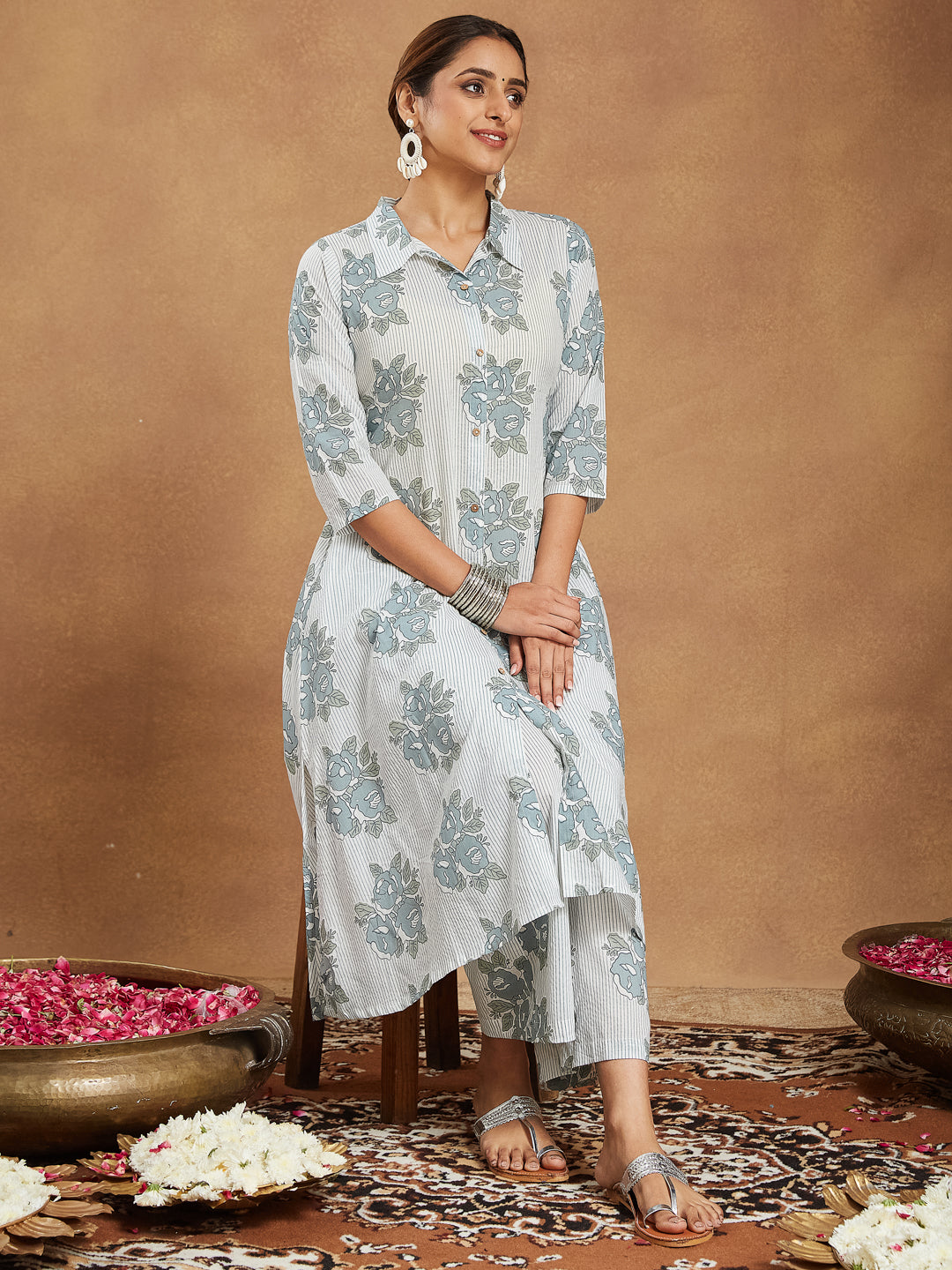 Janasya Light Cotton Floral A-Line Kurta Set | Grocsy